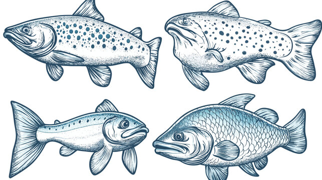 Four stylized aquatic fish illustrations in shades of blue and gray on a white background