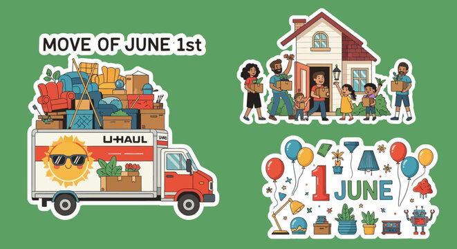 Moving Day Celebration - U-Haul Truck, Family, and June 1st Date.