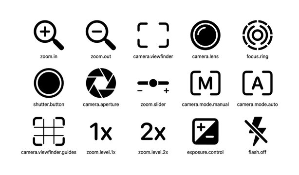 Camera and zoom control icons displayed in grid on white