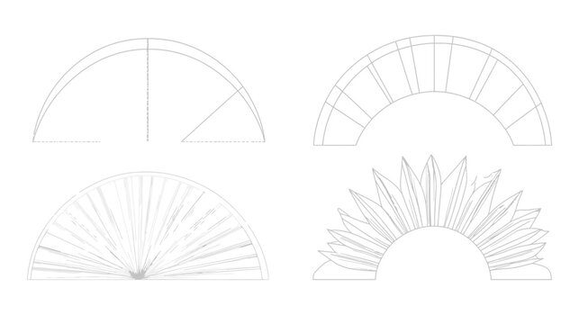 Four gray outline sketches of half circles with different internal divisions