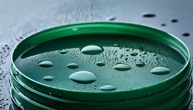 close up of shallow green circular containers filled with liquid and water droplets