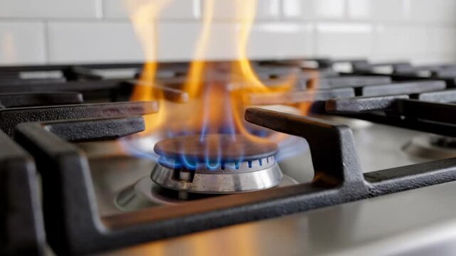 Close-up of burning gas stove burner with blue and yellow flames against white tiled backsplash in kitchen