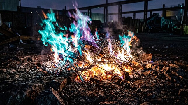 Turquoise and purple flames engulf scrap silver metal wires on dark rocky ground. Glowing embers create intense heat distortion everywhere.