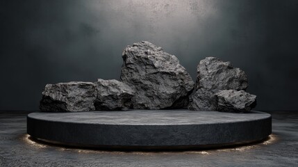 Fototapeta premium Dark grey background with podium made of rough rocks, natural stone product display scene for luxury or organic branding.