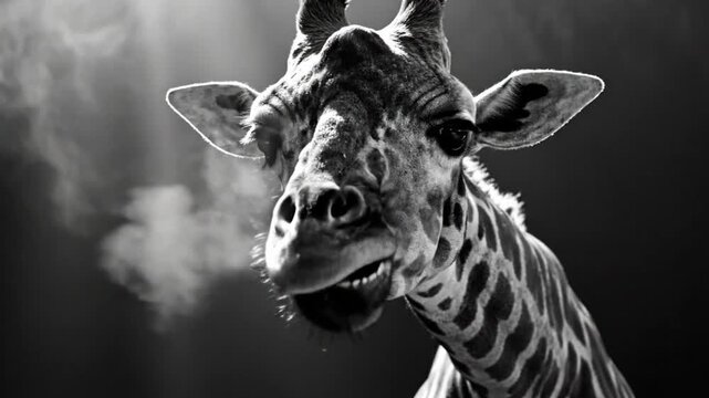 Black and white close up of a giraffe exhaling into a dark background showing its face and neck