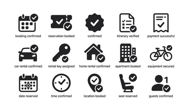 Set of confirmation and booking icons arranged in grid