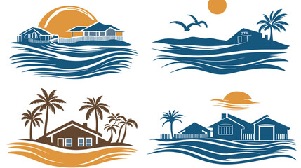 Obraz premium Four stylized illustrations of coastal houses on islands, featuring sunsets and waves