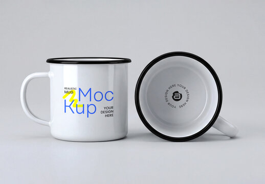 Realistic White Enamel Mug Mockup Set