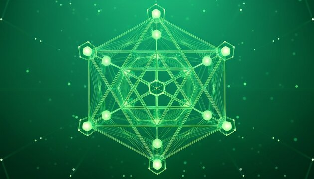 pentagon molecule beautiful dots filled inside bright green solid background soothing display geometric chemistry visualization scientific pattern concept molecular structure