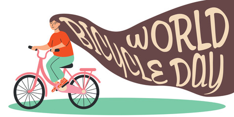 Naklejka premium World Bicycle Day illustration with woman riding bike and lettering in her long hair.