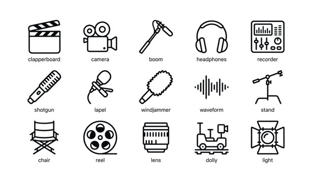 Film production icons showing audio and video equipment on white