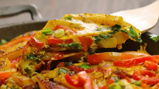 Close-up shot. A wooden spatula lifts a hot slice of frittata from the skillet, revealing the delicious texture of potatoes, eggs, peppers, and onions. Serving a hearty homemade portion