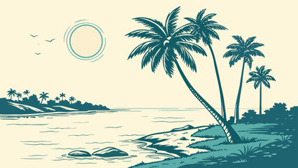 Tropical beach landscape with palm trees and sun silhouette graphic, tropical © khadija
