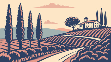Tuscan landscape illustration with cypress trees and vineyard at sunset © khadija