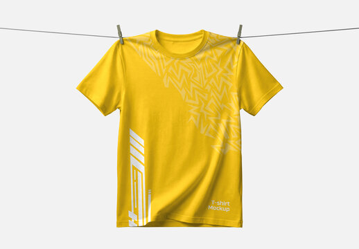 Hanging Crew Neck Yellow T-Shirt Mockup