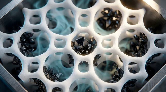 Hyper-Photorealistic Extreme Macro of Advanced Carbon Capture Material, Porous Aerogel Lattice Trapping Dark Carbon Crystals, Climate Tech Concept, No Text.