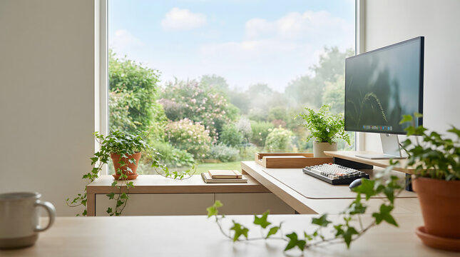 Minimalist modern workspace nook with trailing ivy vines and lush garden background in soft daylight