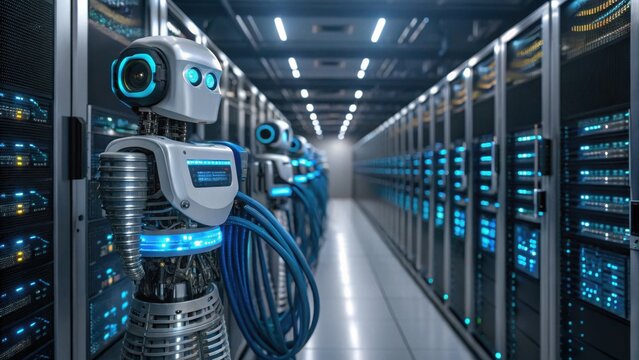 A futuristic robot manages cables inside a high-tech server room filled with rows of illuminated data racks.