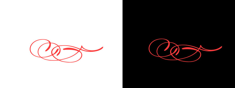 Neon Red Loopy Decorative Flourish Swirl on White and Black Background