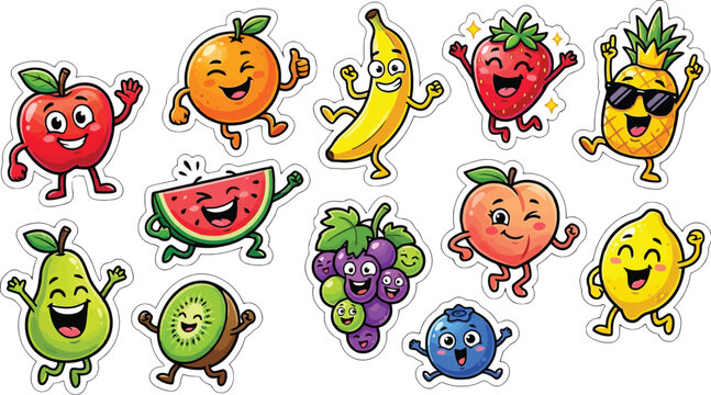 Set of cute cartoon fruit characters with happy faces and expressive gestures for stickers and stationery designs.