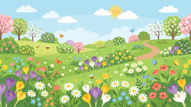 Sunny spring landscape with meadow flowers trees and cute sun.