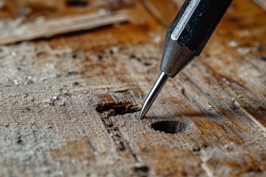 Screwdriver tip close up on wood plank with hole and rough texture