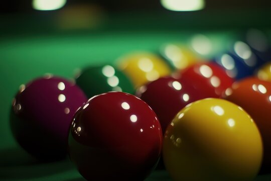 Snooker ball close up on green table with glossy color sphere and blurred rack
