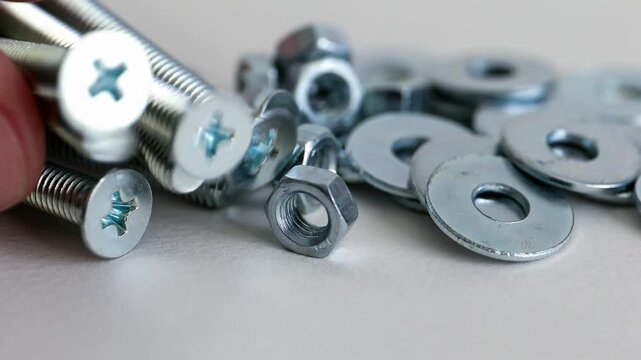 Machine Screws Nuts and Washers on White Background Close Up Hardware Set