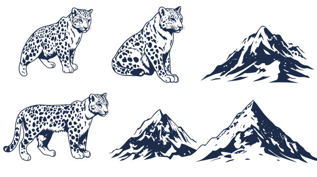 Black and white illustration featuring stylized leopards and majestic mountain silhouettes