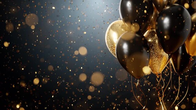 Gold and Black Balloons With Glitter Confetti for Elegant Party Celebration and New Year Event