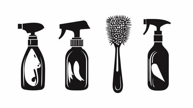 Silhouetted cleaning supplies on white background including spray bottles and a scrub brush