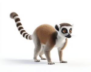 Fototapeta premium Cute ring-tailed lemur with distinctive striped tail standing on a clean white background
