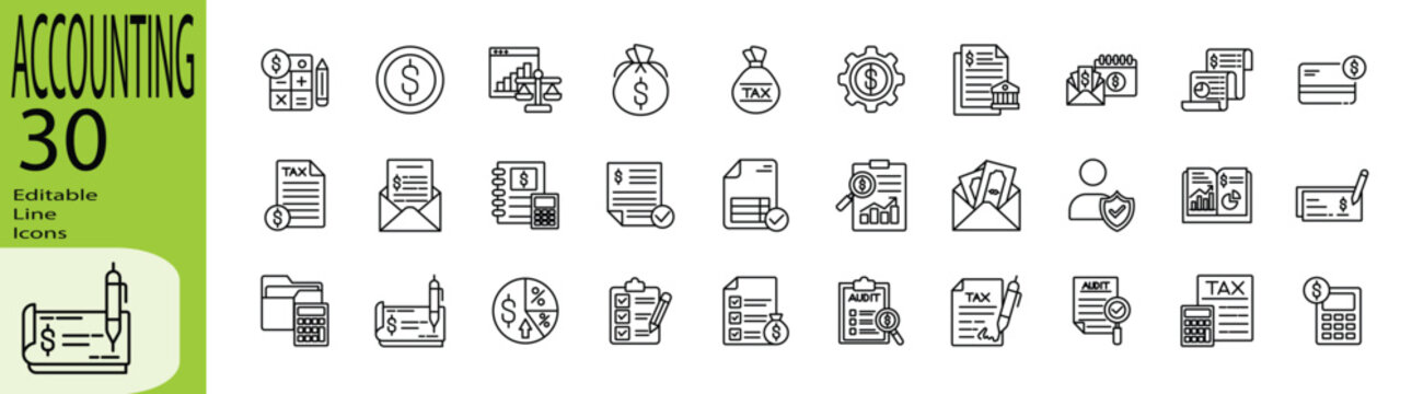 Accounting icon set. Editable stroke.