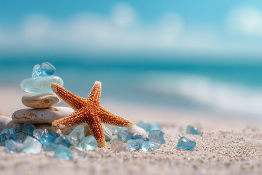 Pile of pebbles, seaglass stones and a starfish on a sandy beach, turquoise ocean, coastal summer zen background with copy space