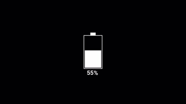 The Fast white color battery charging icon animation video power full battery. Battery charging animation from 0 to 100% On Black Background. 4k video       
