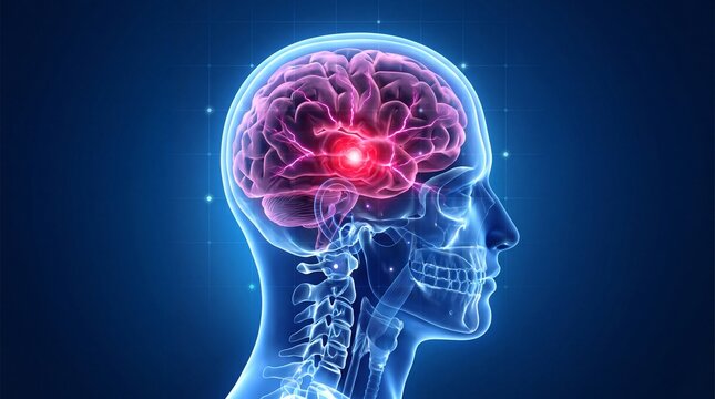 3D human brain glowing with neural activity in futuristic blue lighting