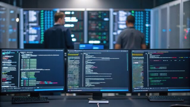 Two IT professionals work in a server room with multiple monitors displaying complex code and system data.