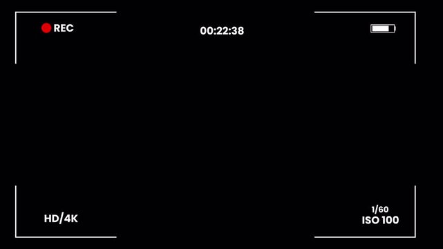 Camcorder Screen Overlay Interface with Alpha Channel featuring HUD elements like Recording Icon, Digital Timer, ISO settings, and Battery Level for Professional Video Production 4k video