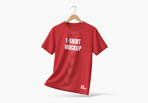 T-shirt Mockup on Wooden Hanger Isolated on White Background