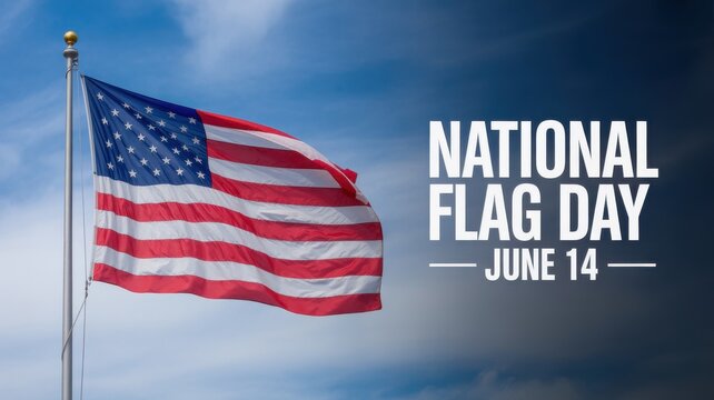 National Flag Day banner with American flag waving on a flagpole against a cloudy blue sky.