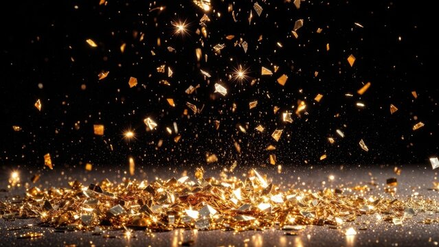 Gold fragments exploding and settling on reflective dark floor