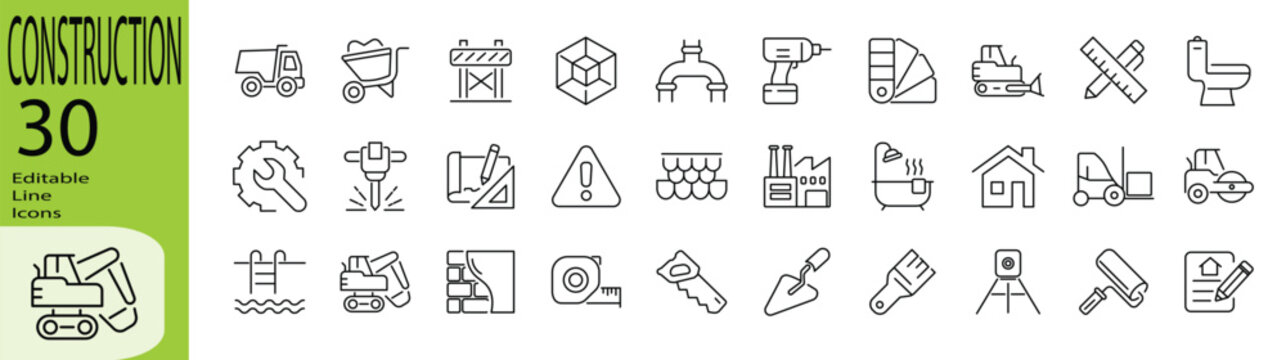 Construction icon set. Editable stroke.
