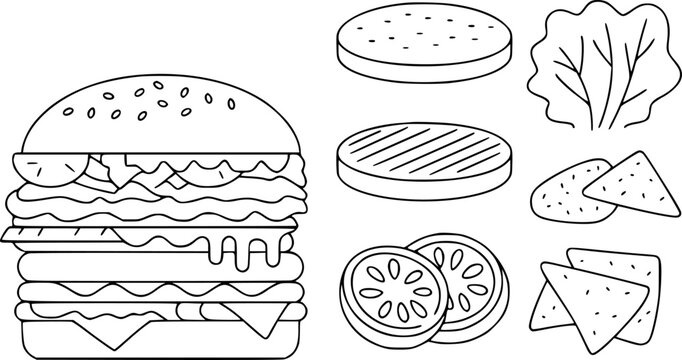 Black and white line burger ingredients and components white background, food sandwich