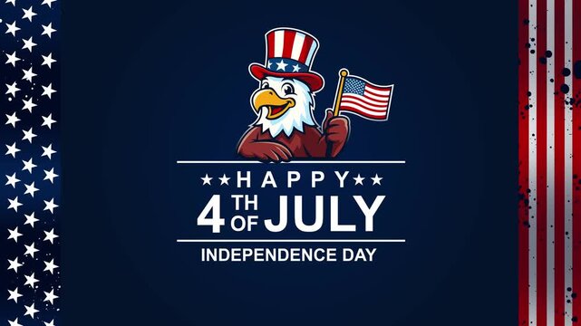 Happy 4th of July greeting animation. 4th of July graphic with American flag and eagle mascot for celebrating Independence Day