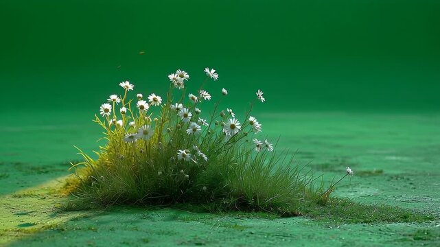 Daisies bloom gently on green screen fields concept. Close-up of wild daisies blooming in green grass patch on nature background in sunlight