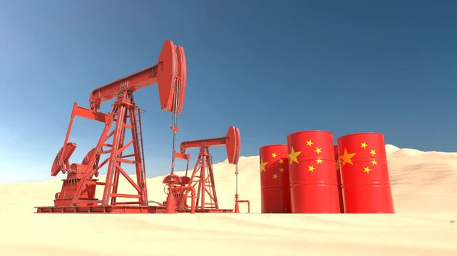 Oil pump jacks and China barrels in desert landscape, Petroleum industry and energy production. 3D Render