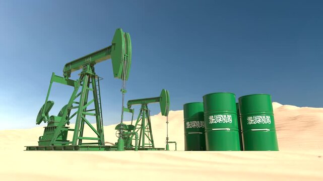 Oil pump jacks and Saudi Arabia barrels in desert landscape, Petroleum industry and energy production. 3D Render