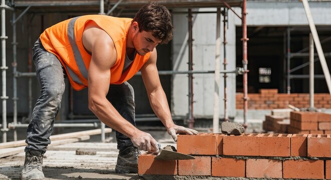 Skilled Bricklayer Laying Bricks for Facade Installation in Professional Work Gear and Safety Boots