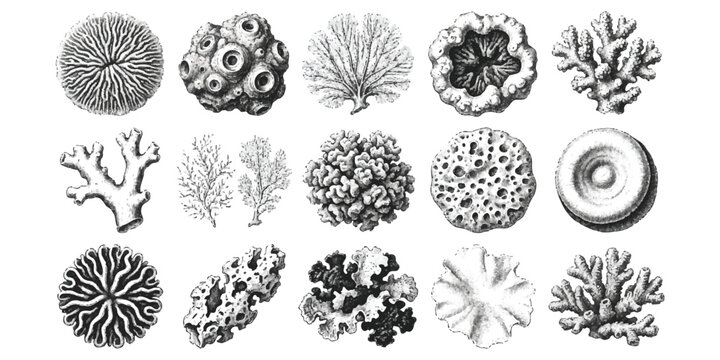 Set of vintage engraving style illustrations of various sea corals and marine life creatures