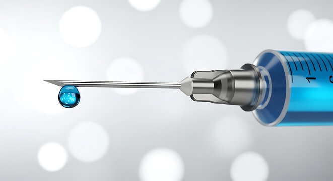 Close-up of a hypodermic syringe with a blue liquid droplet at the tip, ready for medical injection or vaccination